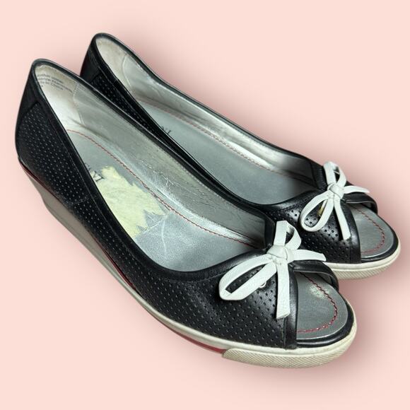 Y2K Wedge Heel Open Toe Sandals Black Leather Women’s 6.5 White Bow Alfani Reba - Picture 1 of 6